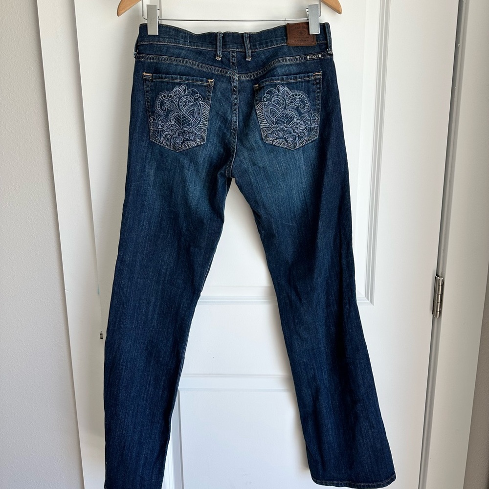 Lucky Brand Dark Blue Bootcut Jeans with Embroidered Back Pockets
